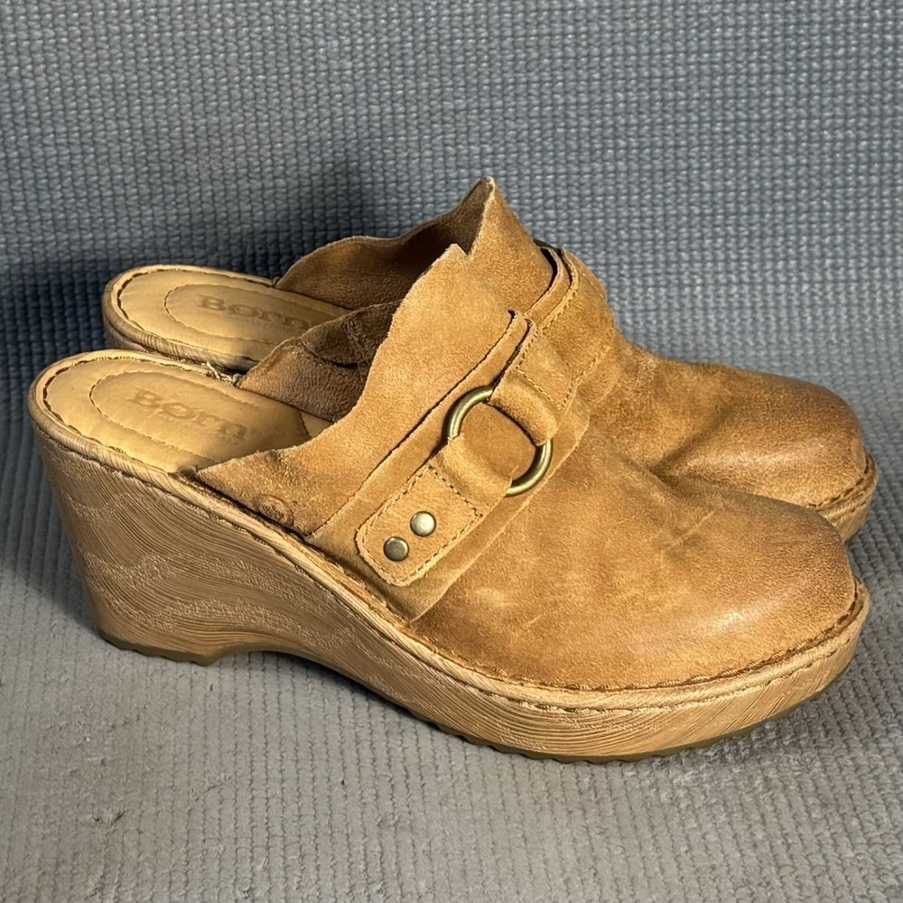 Born Women's Nola Mule Tan Leather Wedge High Heel Buckle Clog Shoes Size 7